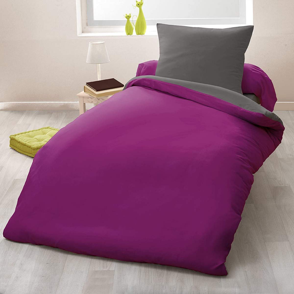 Funda de edredón para dormitorio juvenil gris y fucsia de algodón Home Passion