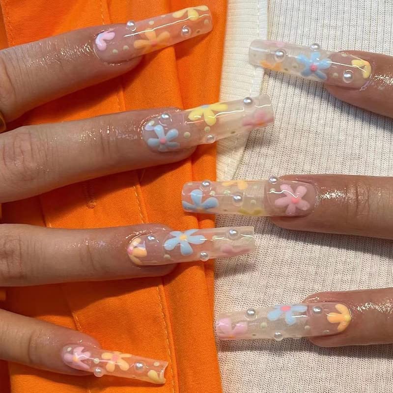 Photo 1 of 24PCS Press On  Nails Coffin Long, Translucent Floral Pattern With Pearls Fake Nails, Reusable With Glue Acrylic False Nails For Women CH-JZJ-JP2382
