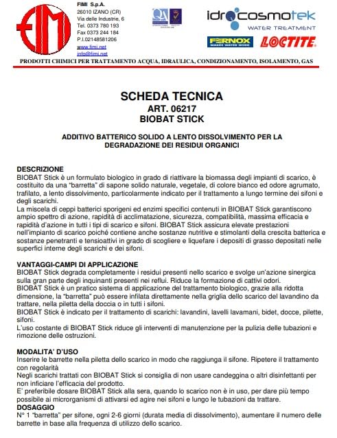 BIOBAT STICK DA 50 pz. Disotturante biologico. Barrette batteriche enzimatiche specifiche per la degradazione naturale di rifiuti organici.