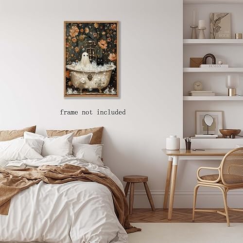 Miniatura 5 de Lienzo de Halloween para pared, diseño de fantasma y gato negro en la bañera, decoración de baño, póster impreso de academia oscura, arte de flores,