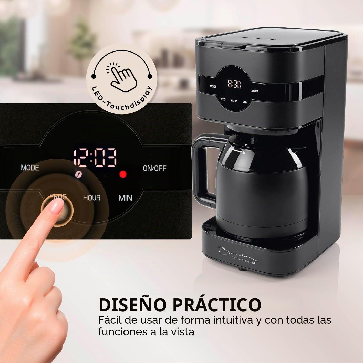 Barista Cafetera de filtro con jarra térmica, temporizador de 24 horas y filtro permanente, para 8 tazas de café, cafetera para polvo [negro]