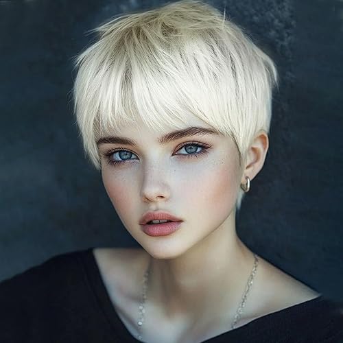 Creamily Peluca corta de corte Pixie rubio platino, pelucas de cabello corto esponjoso con flequillo, raíces sintéticas de color oscuro, capas de
