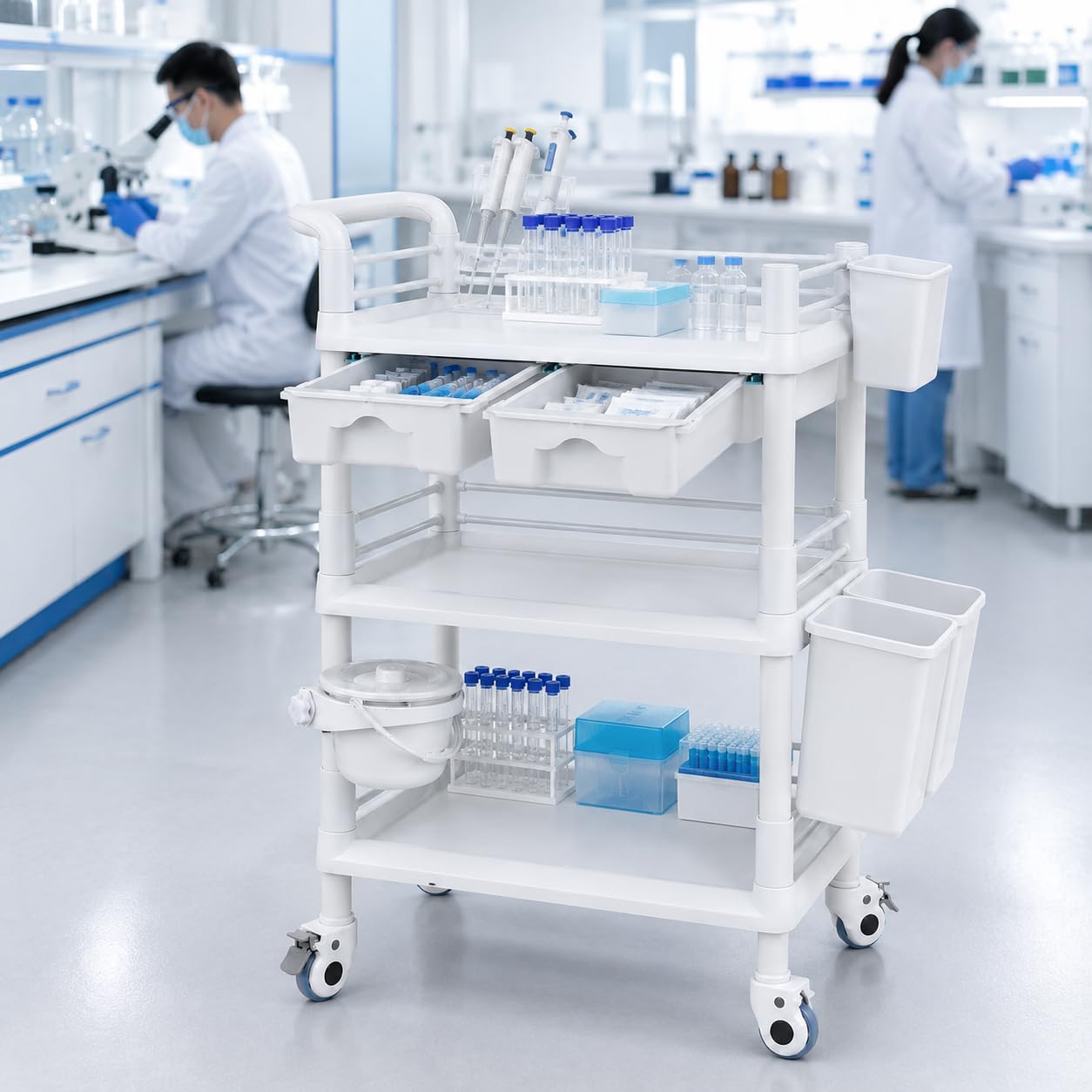 Chariot utilitaire médical avec tiroirs, chariot d'esthétique à 3 niveaux avec roulettes pour salon de beauté, spa, hôpital, bureau, laboratoire - Blanc