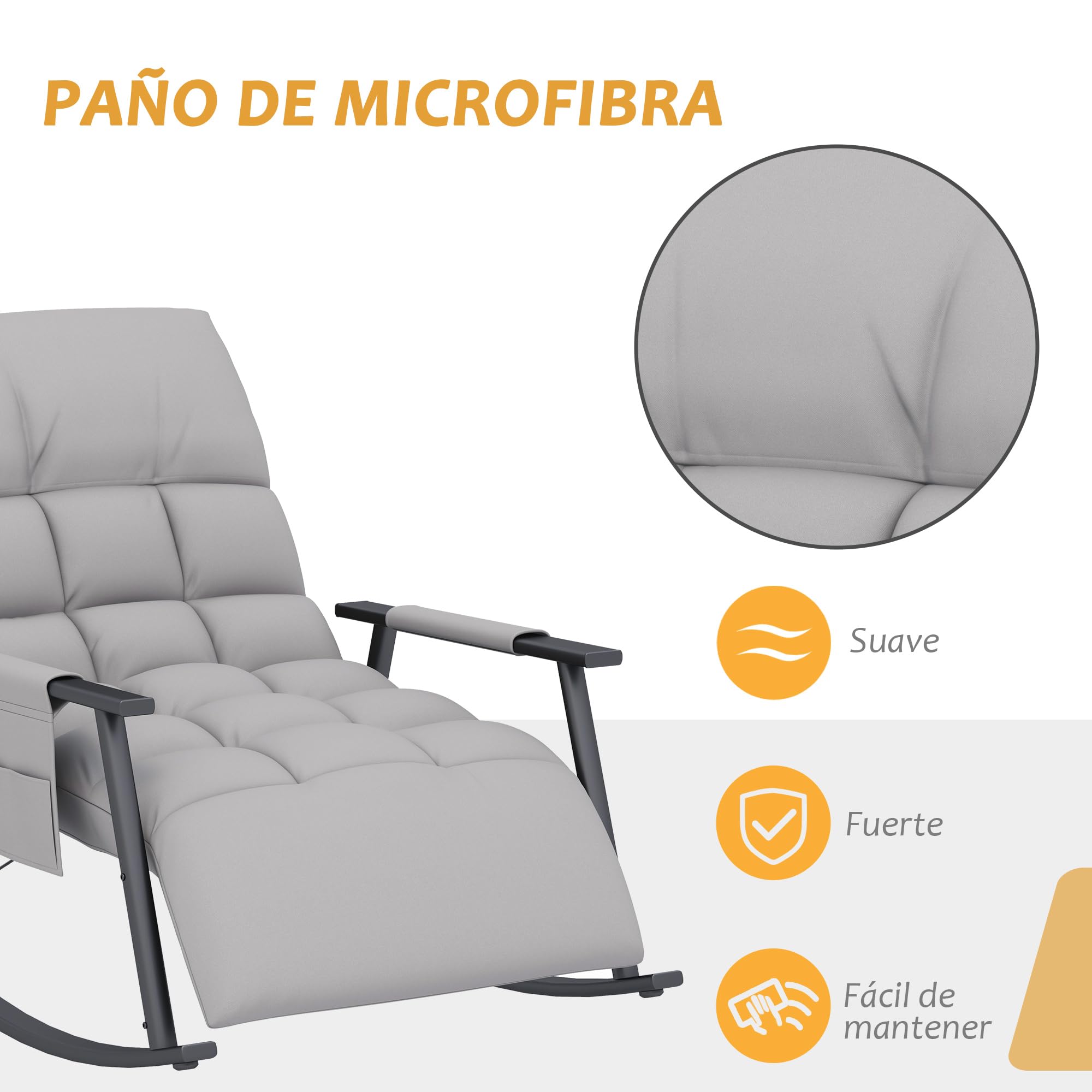 HOMCOM Silla Mecedora con Respaldo y Reposapiés Regulables, Sillón Balancín con Bolsillo, Marco de Acero, Soporta 120 kg, para Salón y Dormitorio, Gris