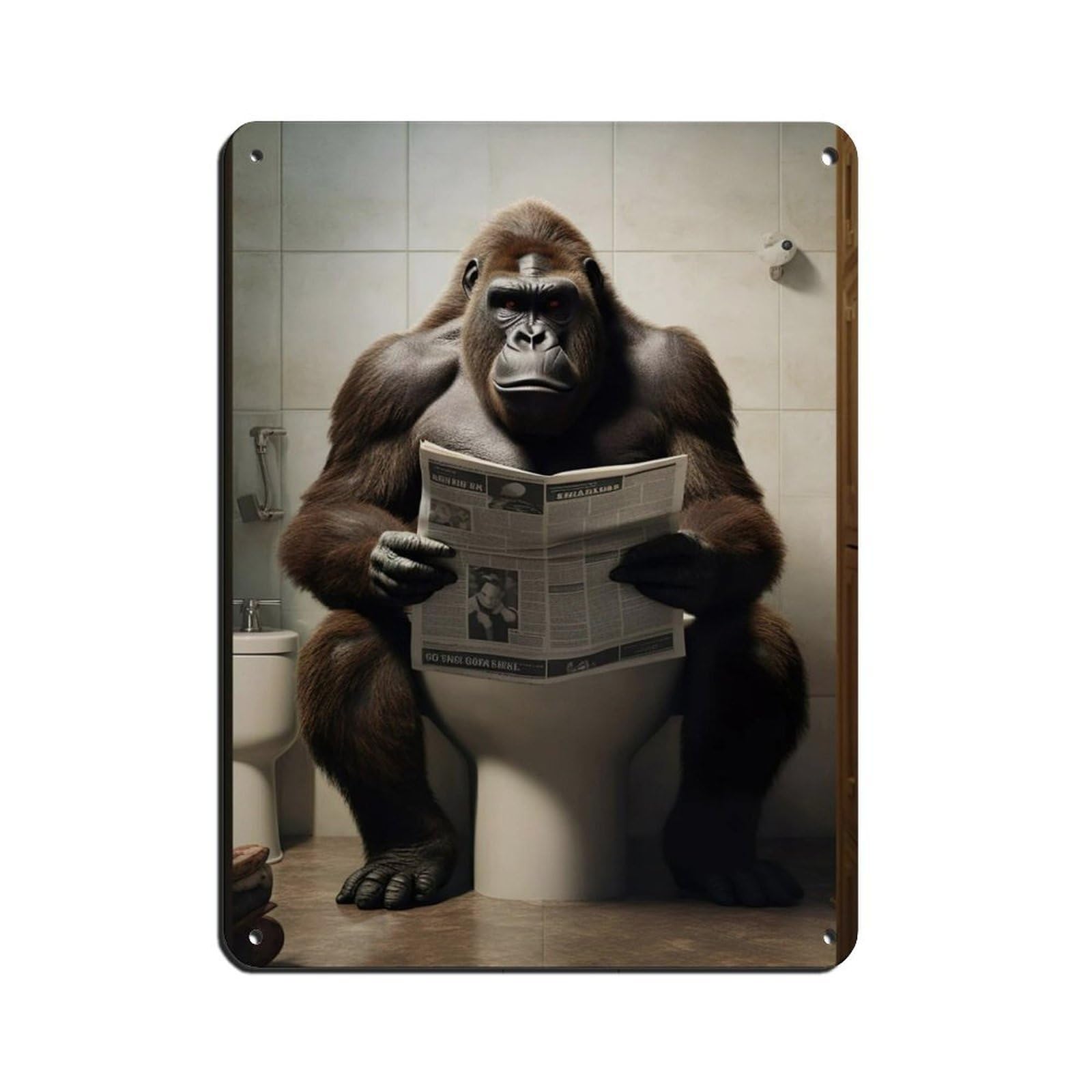Lxwnze 30L X 40W Cm Gorilla Sitting On The Toilet Reading A Newspaper (5) Retro Poster Metal Tin Sign Chic Art Retro Iron Painting Bar People Cave Cafe Family Garage Poster Wall Decoration 12X16inch(30X40cm)