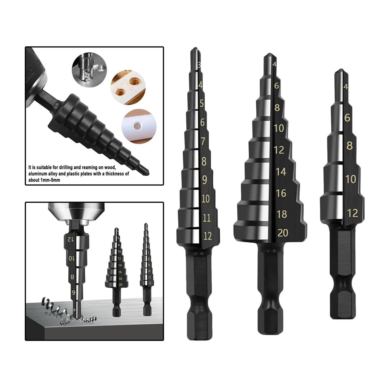 broca escalonada broca escalonada en espiral, 3 piezas de brocas intensificadas con orificios múltiples for madera/metal