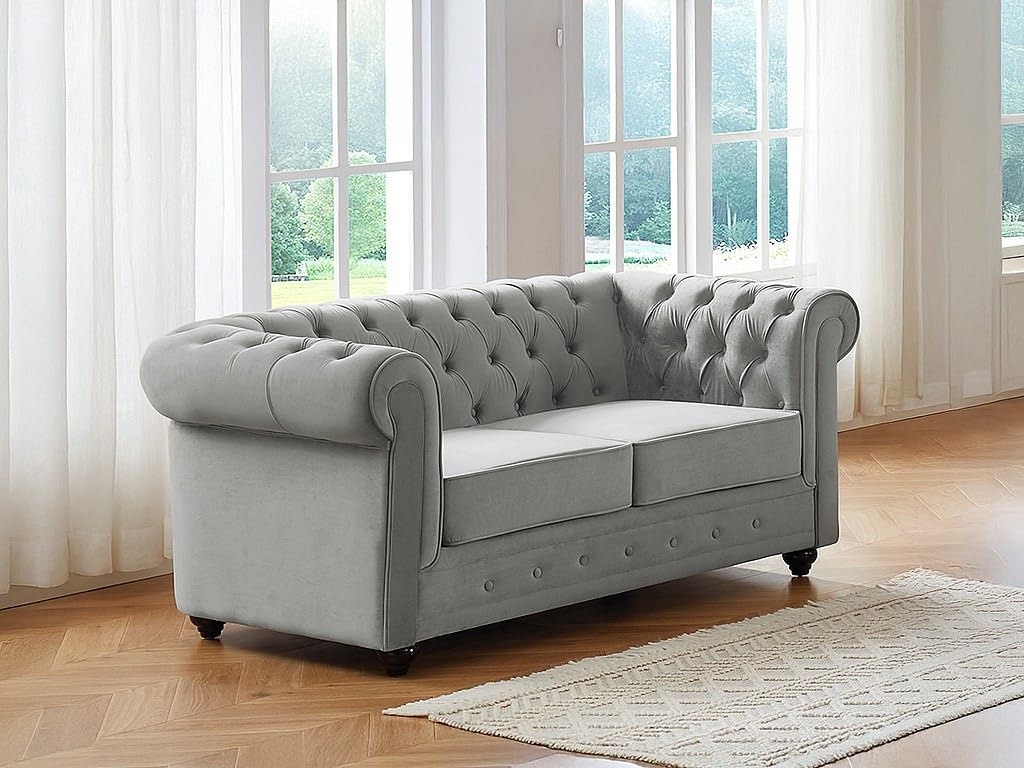 Vente-unique - Sofá Fijo 2 plazas Chesterfield - Terciopelo - Gris Claro