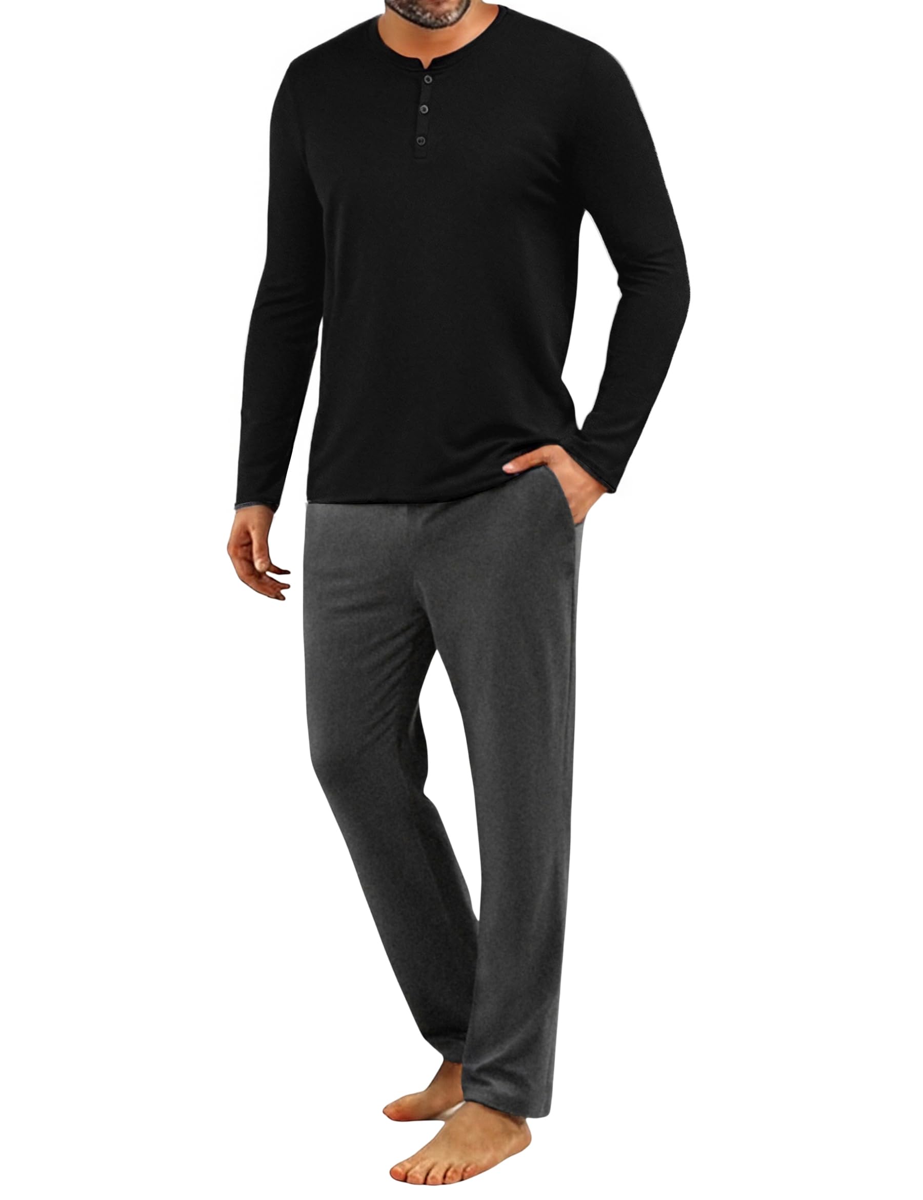 Uniexcosm Schlafanzug Herren Lang Zweiteiler Herbst Winter Pyjama Set Baumwolle Rundhals Oberteil mit Knöpfen und Pyjamahose Schlafanzüge für Männer
