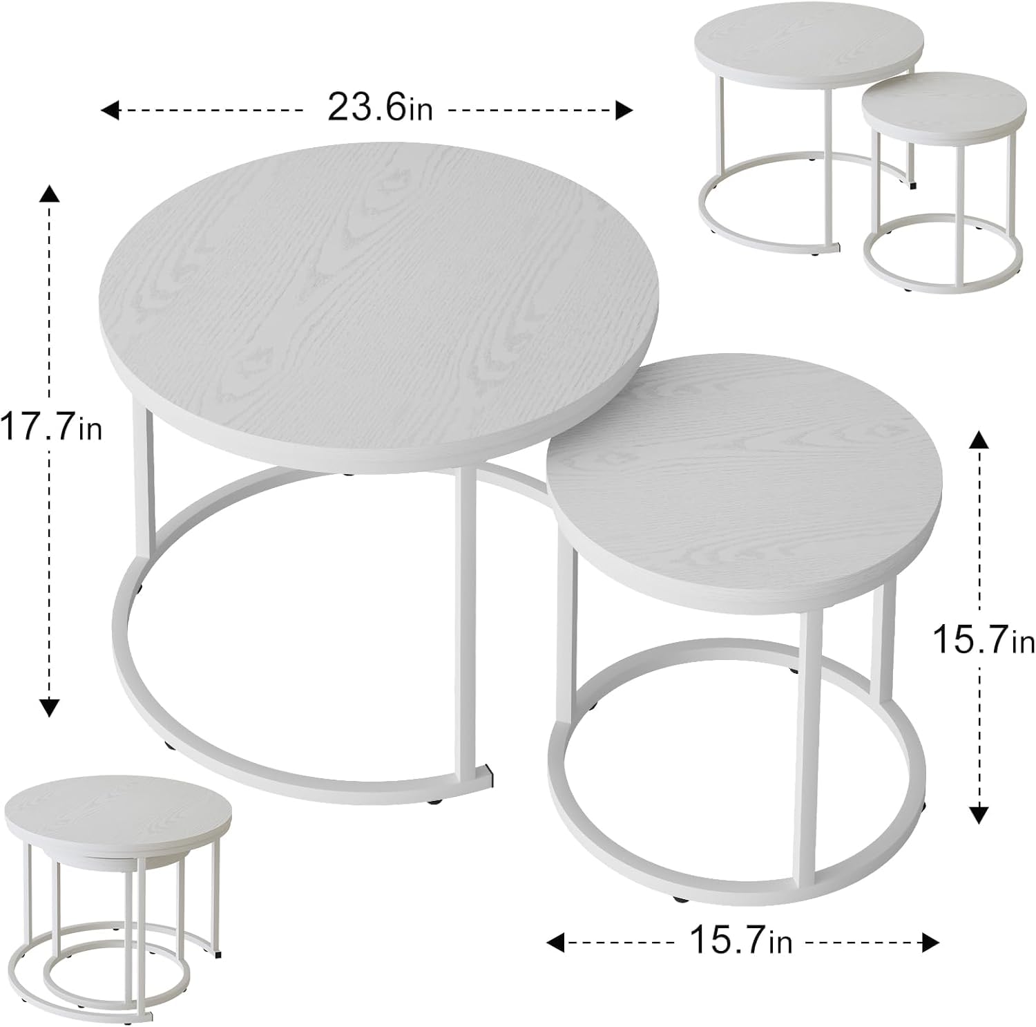 Huhote 2 Stücke Beistelltisch Set rund, Moderne Kaffeetische Satztische für Wohnzimmer Schlafzimmer, Reines Weiß