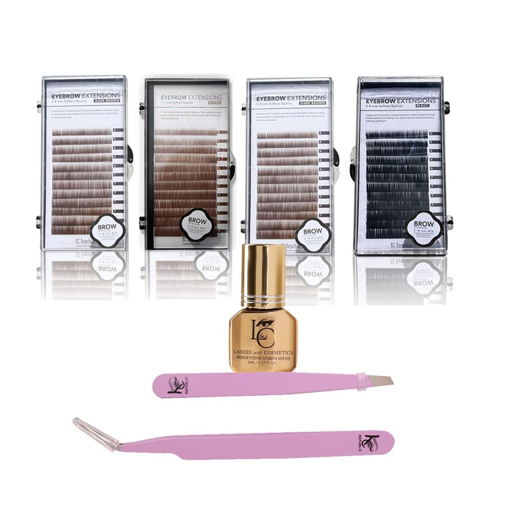KC Republic Eyebrow Extensions Premium Kit with 4 Trays of Mink Eyebrows in 2 Dark Brown, Brown, Black, Comes on Mixed Length Trays 5-8 Mm Mix,