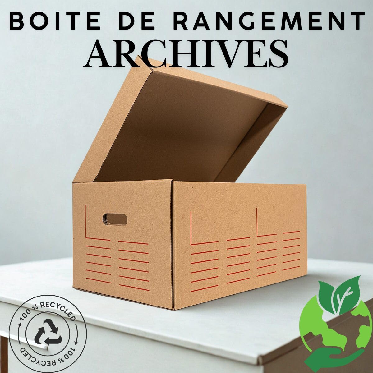 Générique Lot de 5 Boîtes Carton Couvercle Rabat Intégré | 52x35x25CM | Caisse de Rangement et Classement Archives - Stockage | Poignées de Transport | 100% Recyclé | Marquage Imprimé |