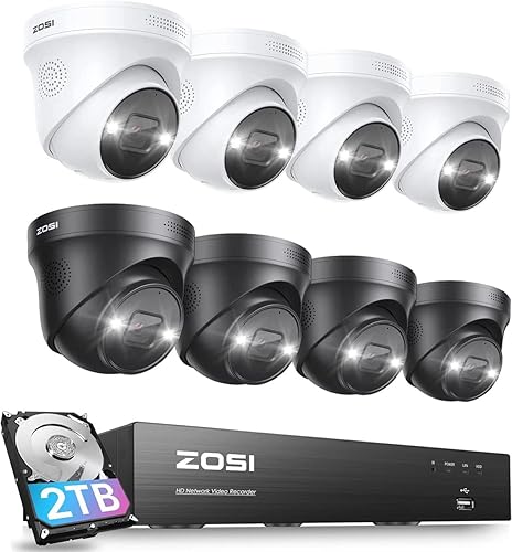 ZOSI Sistema de cámara de seguridad 4K PoE con foco, 8 puertos 16CH 8MP NVR con disco duro de 2TB, 8 cámaras IP PoE con cable 4K para interiores y