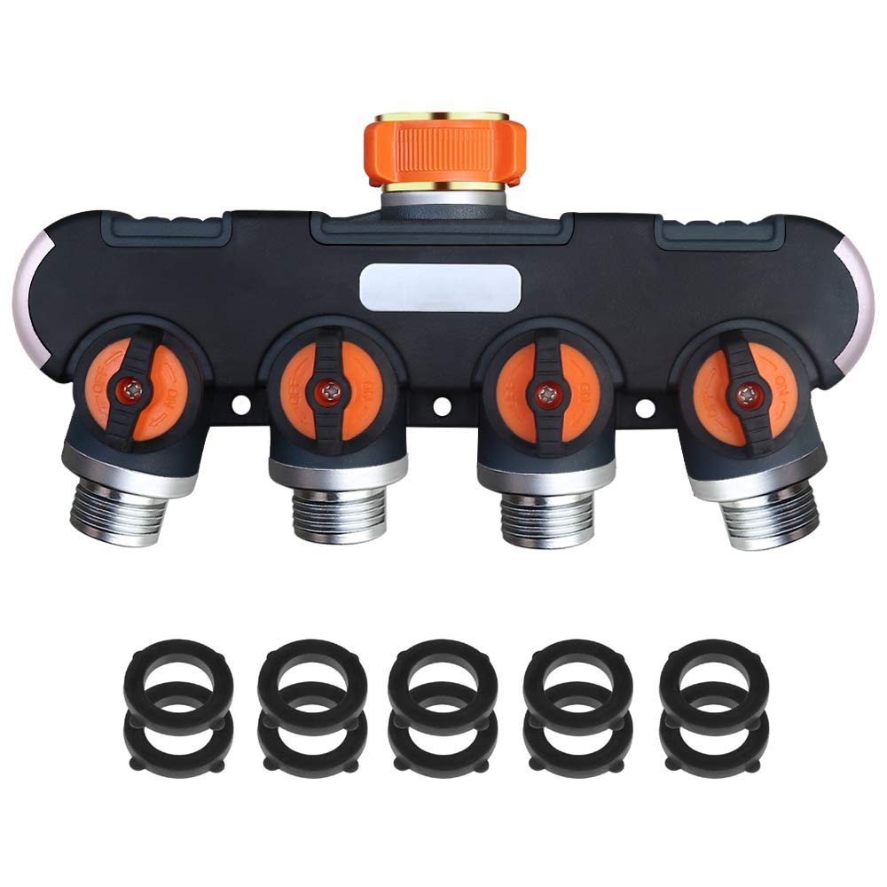 4 Way Garden Hose Splitter Heavy Duty Water Hose Adapter, Upgraded Hose Connector with 10 Rubber Washers to Connect Multiple Hoses for Outdoor Faucet, Sprinkler, Drip Irrigation Systems, Lawns