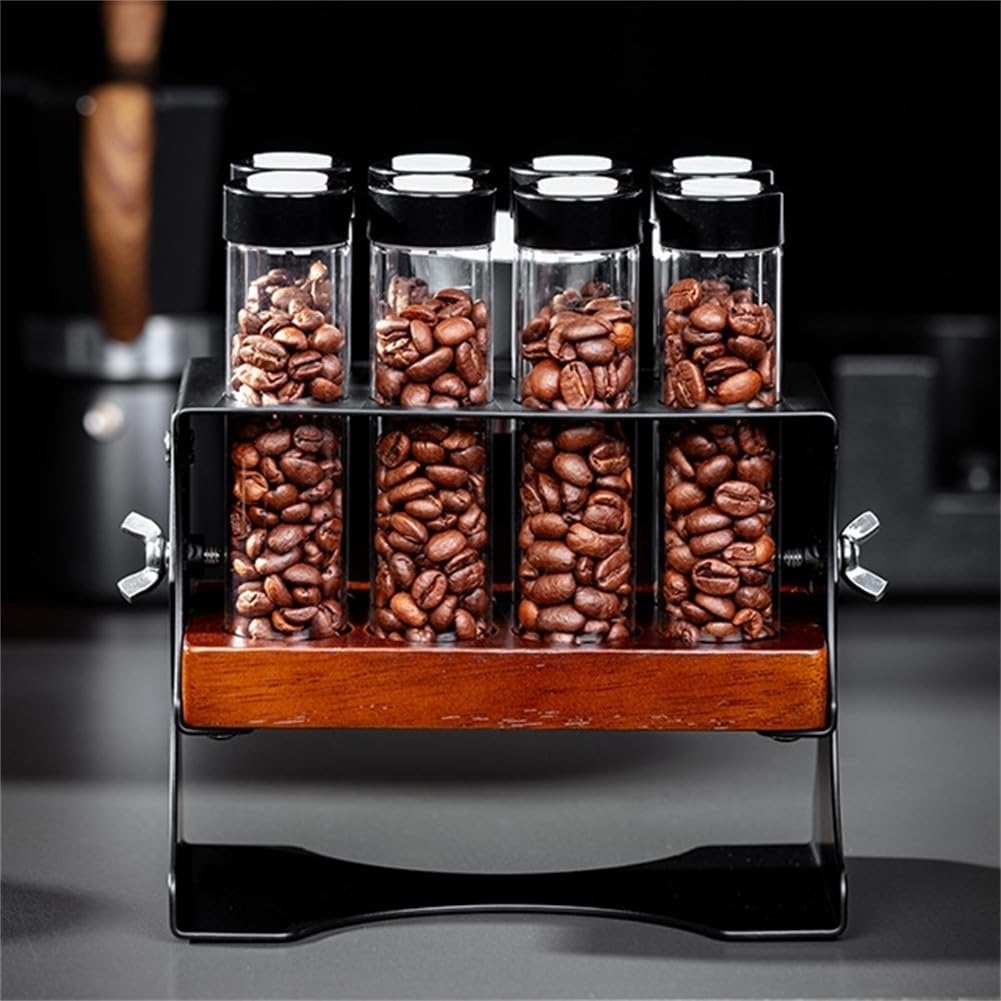 Kaffeebohnen Aufbewahrungsständer Single Dose Organizer mit 8 Glasröhren Einweg-Auslassventil Massivholzsockel Schwarz