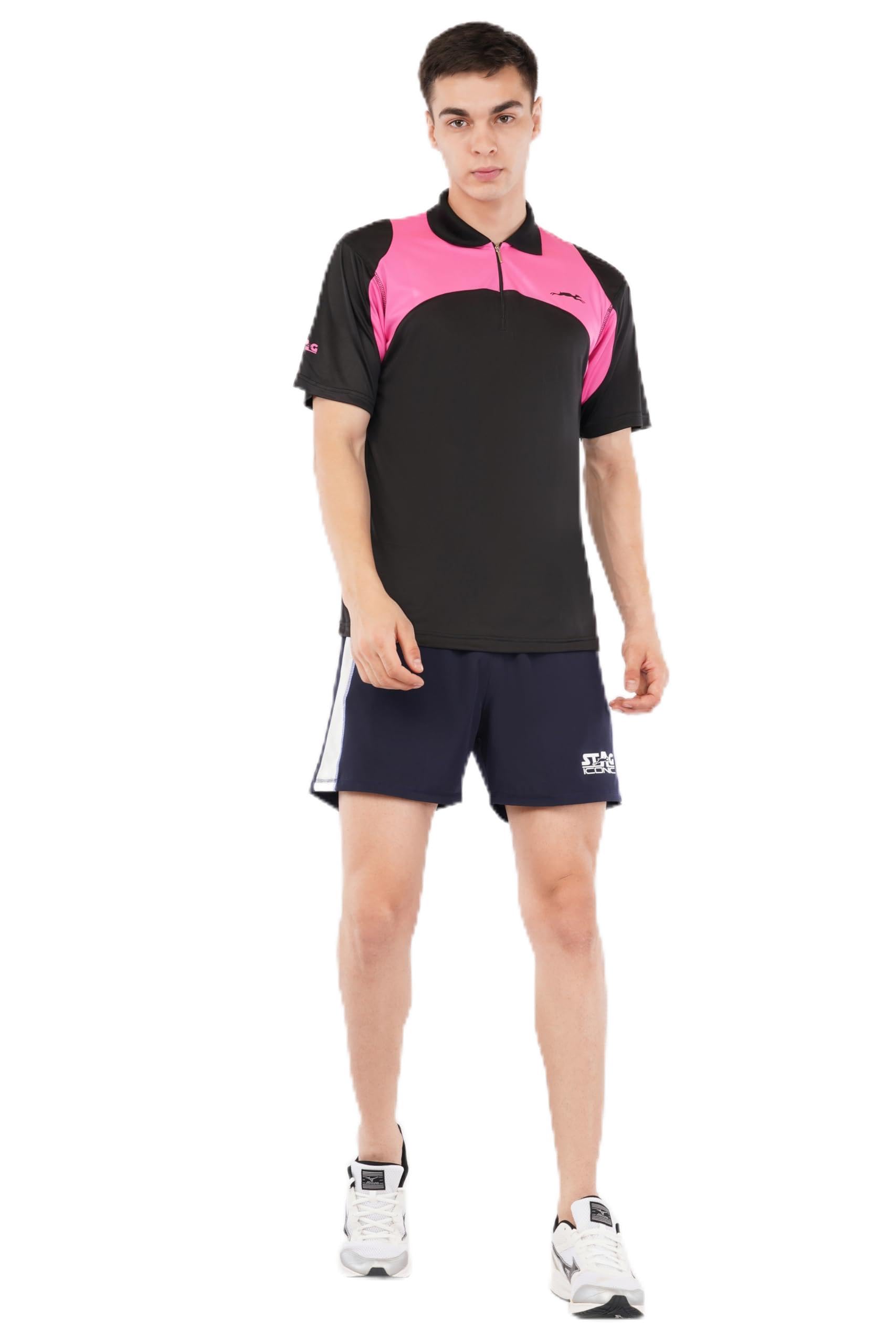 stag iconic Men Graphic Sports T-Shirt | Polyester | Zip Collar | Workout Wear | Black-picture-16