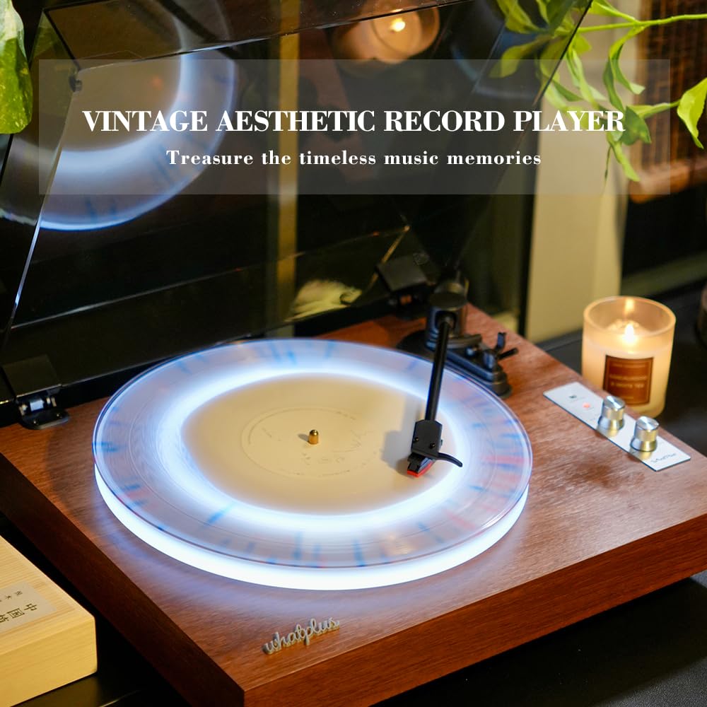 Giradischi Bluetooth con altoparlanti e piatto illuminato | Design vintage in legno con uscita RCA e ingresso da 3,5 mm, ideale per l'ascolto domestico e l'arredamento.