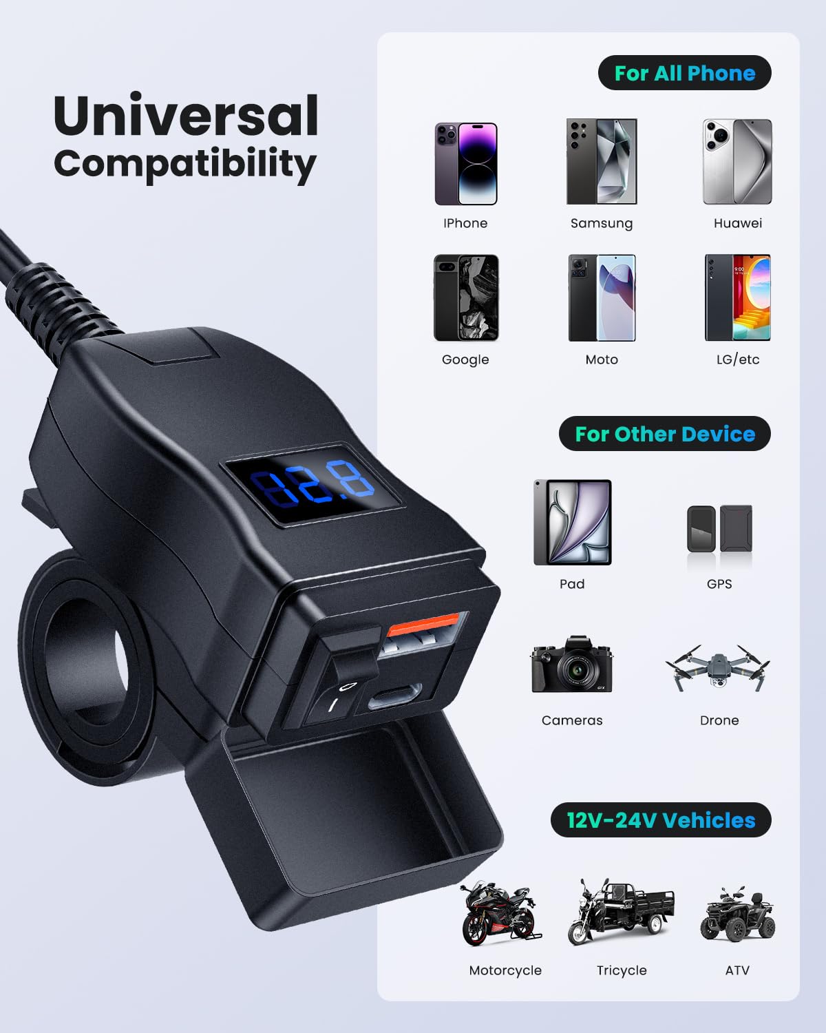 Amazon | Randpow オートバイ携帯電話充電器、デュアルUSBクイック