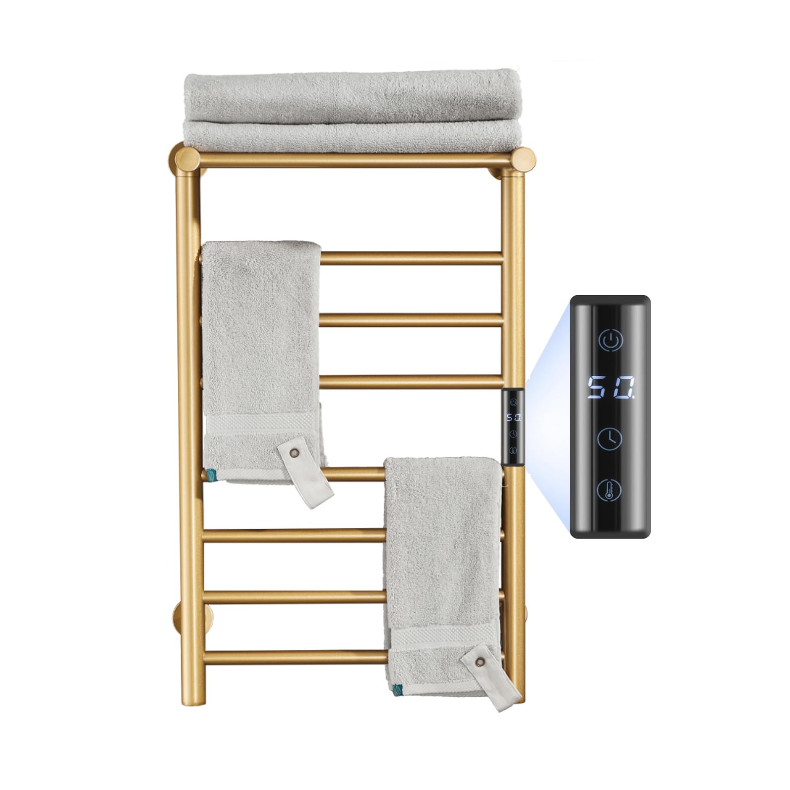 EWDPHW Gold Heated Towel Warmer Rack, Electric Heated Towel Drying Rack for Bathroom Radiator 70W, 7 Bar Wall Mounted Heated Towel Rail with Top Shelf Stainless steel Towel Warmer, 72*45*25Cm(Plug In)