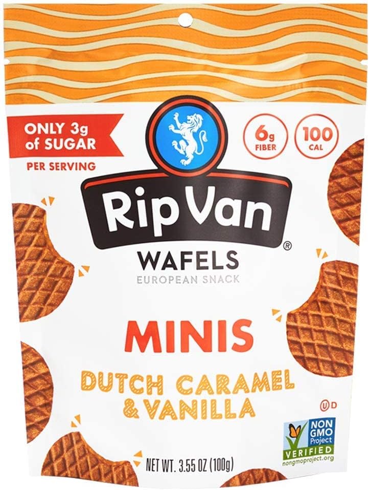 Rip Van Wafels Low Sugar Waffle Cookies Mini Size Pouch, Dutch Caramel & Vanilla, 3.55 oz (100 g)