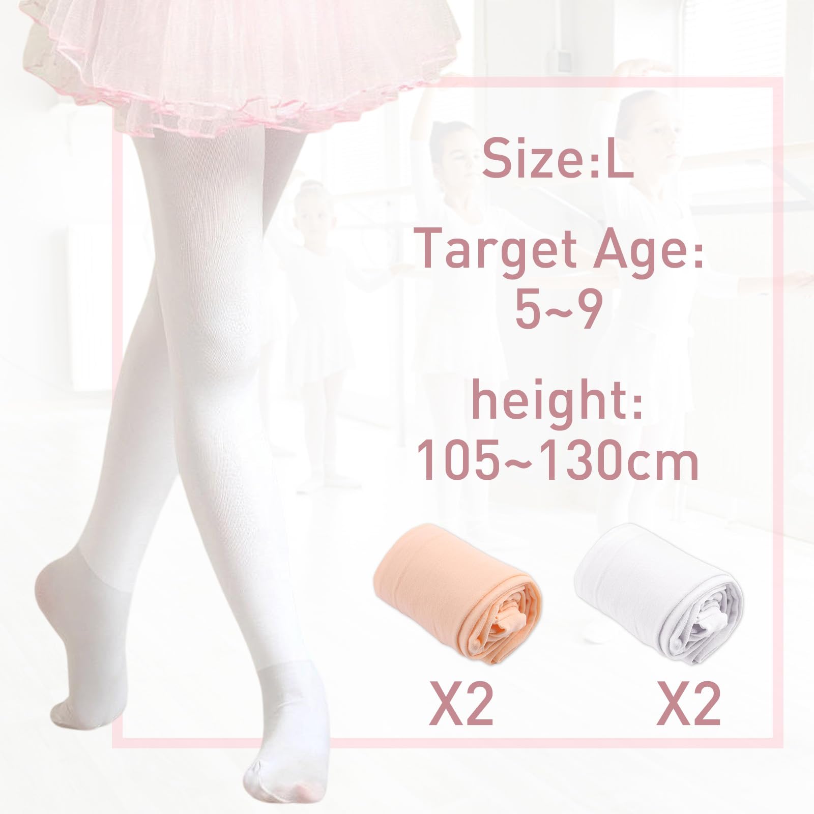 4 Paar Ballett Strumpfhose Mädchen 80 DEN Feinstrumpfhose Ballettstrumpfhose Mädchen Elastisch Atmungsaktiv Tanzstrumpfhose mit Fuß Hautfarbe Weiß für Tanzkurs Leistung Alltag Kinder 5–9 Jahren