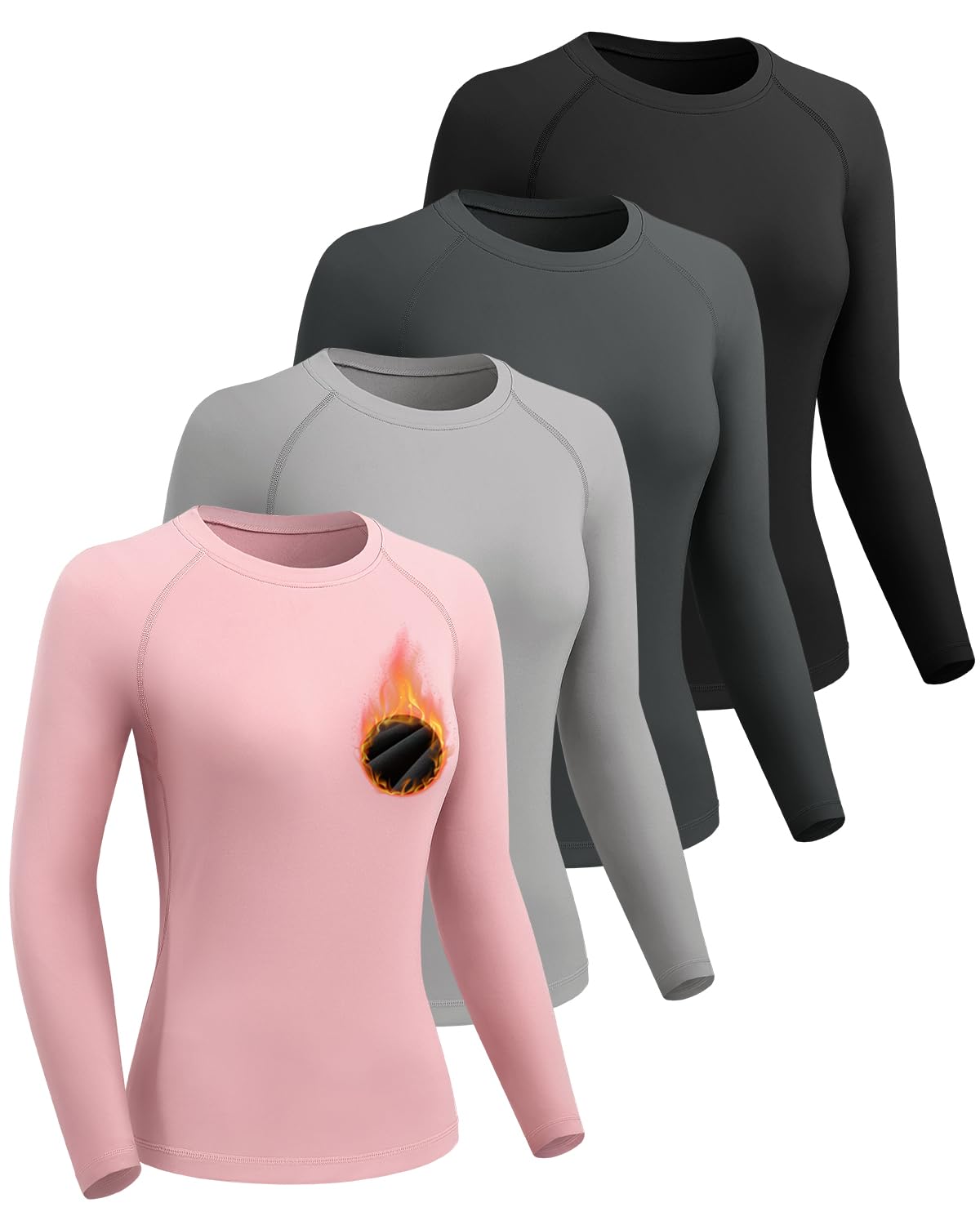 Mexholin 4 Pack Women's Thermal Long Sleeve Shirt Fleece Lined Thermal Underwear Base Layer Quick Dry Compression Shirts