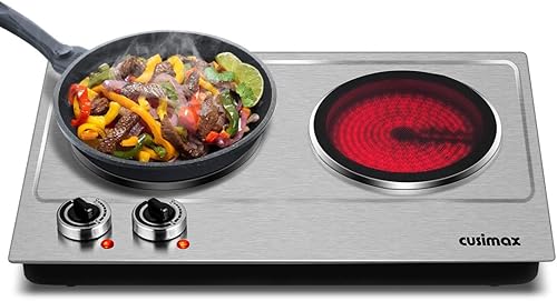 CUSIMAX Placa de cocción de 1800 W de doble quemador cocina portátil quemador de encimera eléctrico doble placa infrarroja acero inoxidable plateado