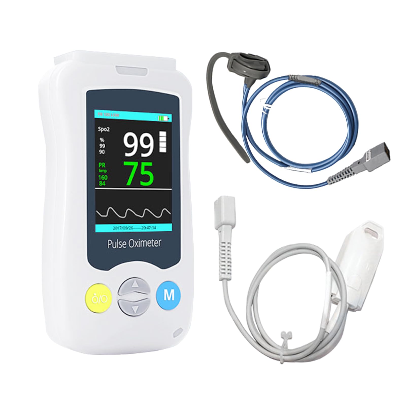 Handheld Pulse Oximeter, Can continuously monitor, Adjustable pulse and SpO2 level alarm, Equipped with overnight continuous monitoring and alarm function, Ideal for home use.