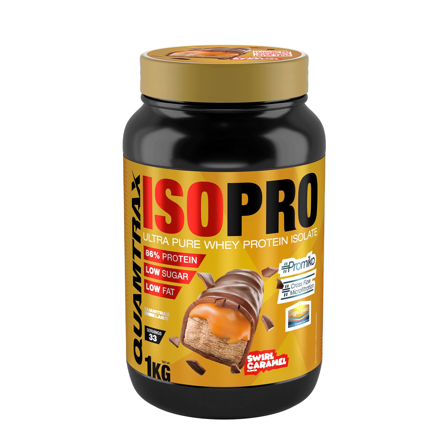 Quamtrax Nutrition - Isopro CFM (Aislado de Proteínas de Suero de Leche) - 1 kg - Sabor Swirl Caramel - Alto contenido proteico, rápida absorción y bajo en grasas