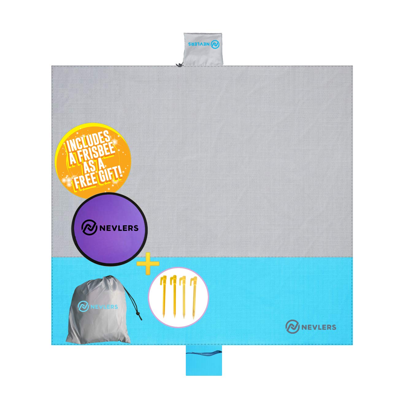Nevlers Sand Free Beach Blanket - Large 75" x 79" - Holds 4-6 People - Gray and Blue - 4 Pegs and Bonus Frisbee - Great as a Waterproof Blanket, Yoga Mat, Picnic Blanket, & for Camping Supplies