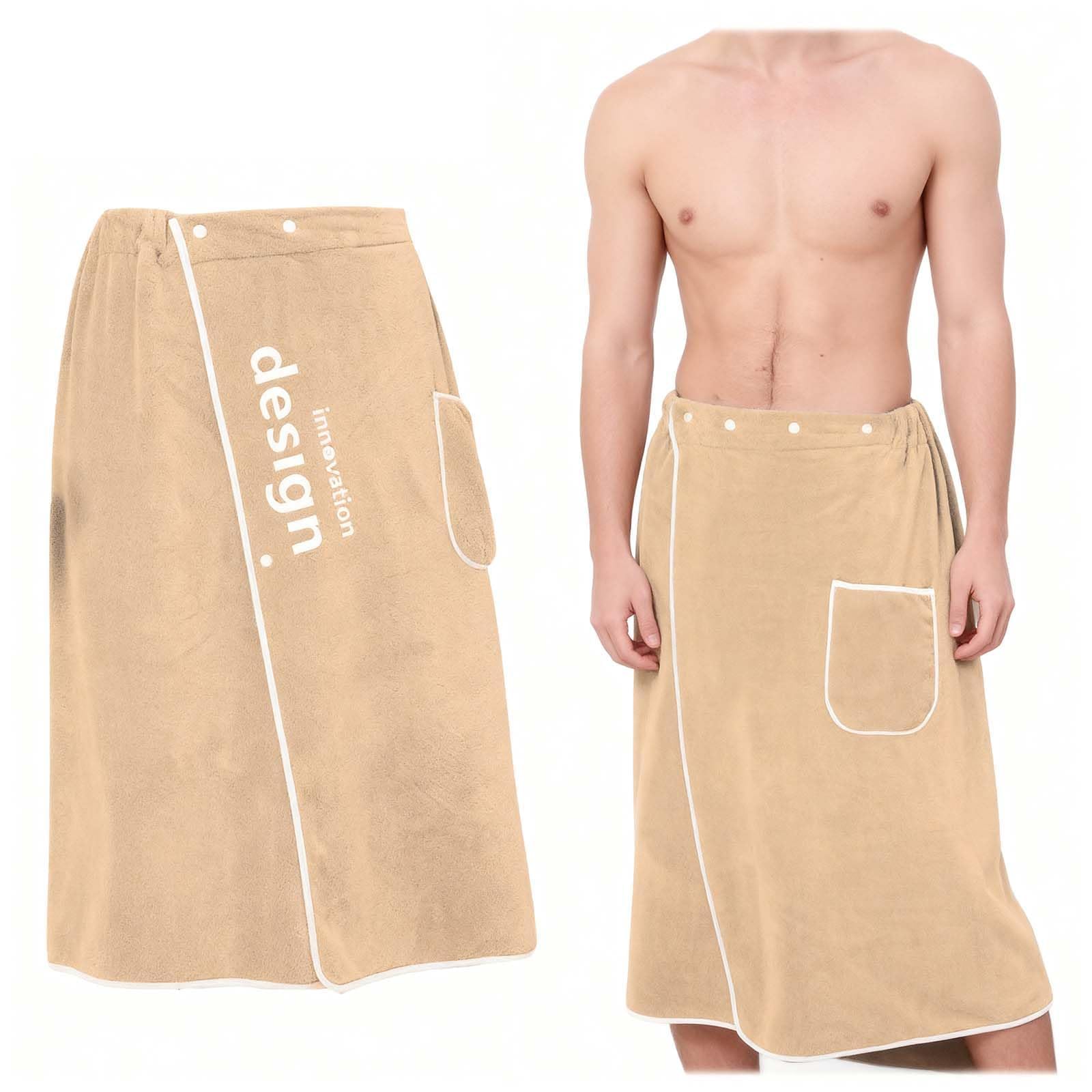 Zhyuan Men's Beige Sauna Kilt Terry Towelling, Sauna Towel For Sauna Terry Cloth Kilt With Buttons For Sauna Kilt With Patch Pocket, Sauna Kilt With Press Stud, Khaki, No