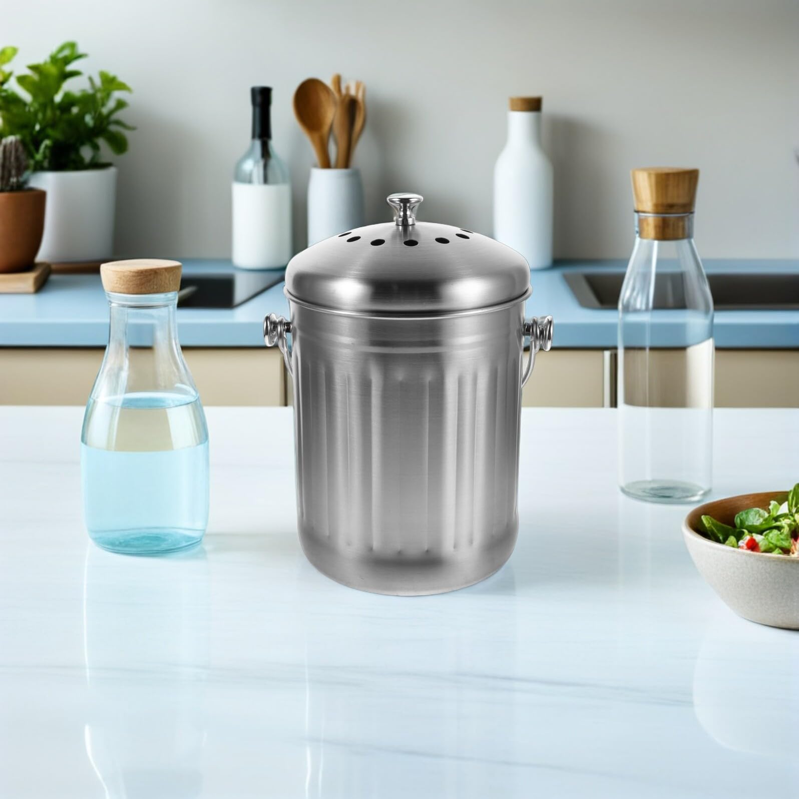 Edelstahl Kompostbehälter mit Deckel und Aktivkohlefilter Geruchsdichter Küchen Biomülleimer für Arbeitsplatte Platzsparend und Modern Innen Komposttonne für Gemüse Küchenabfälle