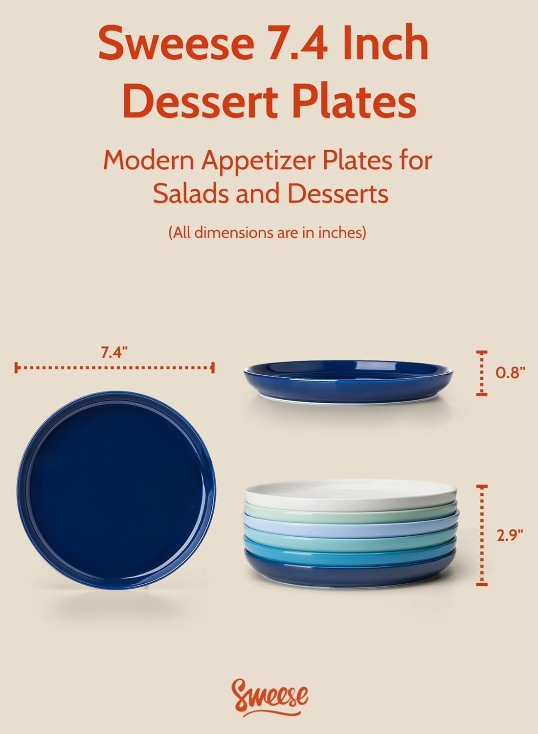 Sweese Porcelain Dessert Plates 7.4 Inch - Set of 6, Salad Appetizer Plates, Microwave Dishwasher Safe, Scratch Resistant, Blue - Image 2