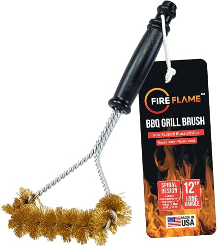 Fireflame BBQ Grill Brush – Non-Scratch Brass Bristles - 12-Inch Long Handle Barbecue Grill Cleaning Brush - Wide-Faced Spiral Heavy-Duty – Made in The USA