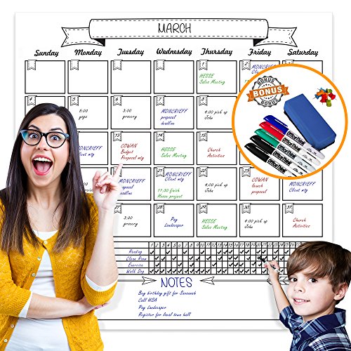 Jumbo Dry Erase Laminated Wall Calendar, Huge 36 Inch By 36 Inch Size, Monthly Planner For Home Office Classroom, Goal Tracker, Reusable Pet Film, Never Folded, Includes 5 Markers, 8 Tacks, 1 Eraser #TOP3