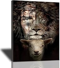لوحة فنية جدارية برسوم الاسد الملك والحمل وصليب وعبارة ملهمة عن السيد المسيح مطبوعة بالوان ابيض واسود باشكال حيوانات ديكور عصري للمنزل ضمن برواز لغرفة المعيشة والنوم والحمام 12×16 بوصة
