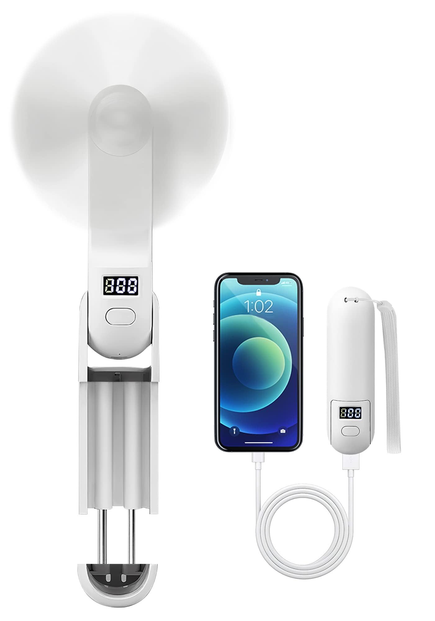 FADACHY Handheld Mini Fan - USB Rechargeable, 14-18H Working Hours with LCD Display, 3-in-1 Folding Design & Power Bank Function - Portable Personal Fan for Travel, Outdoor, Office - White