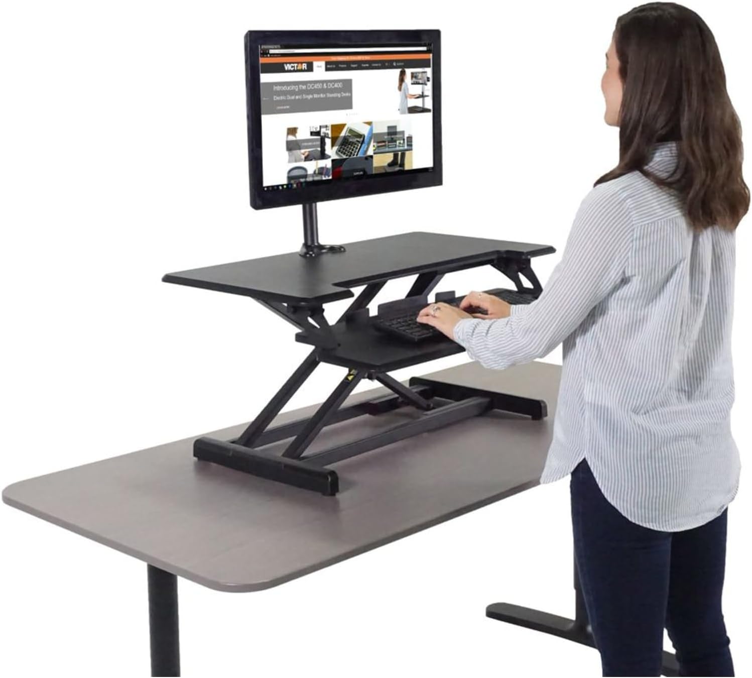 Black Steel Adjustable Standing Desk Converter with Keyboard Tray