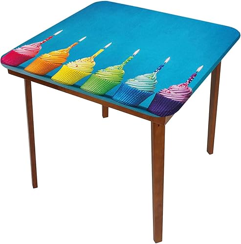 Miniatura 3 de Manteles de cumpleaños, cupcakes en colores arcoíris con velas, lavable, a prueba de derrames, se adapta a mesas de 48 x 48 pulgadas, para