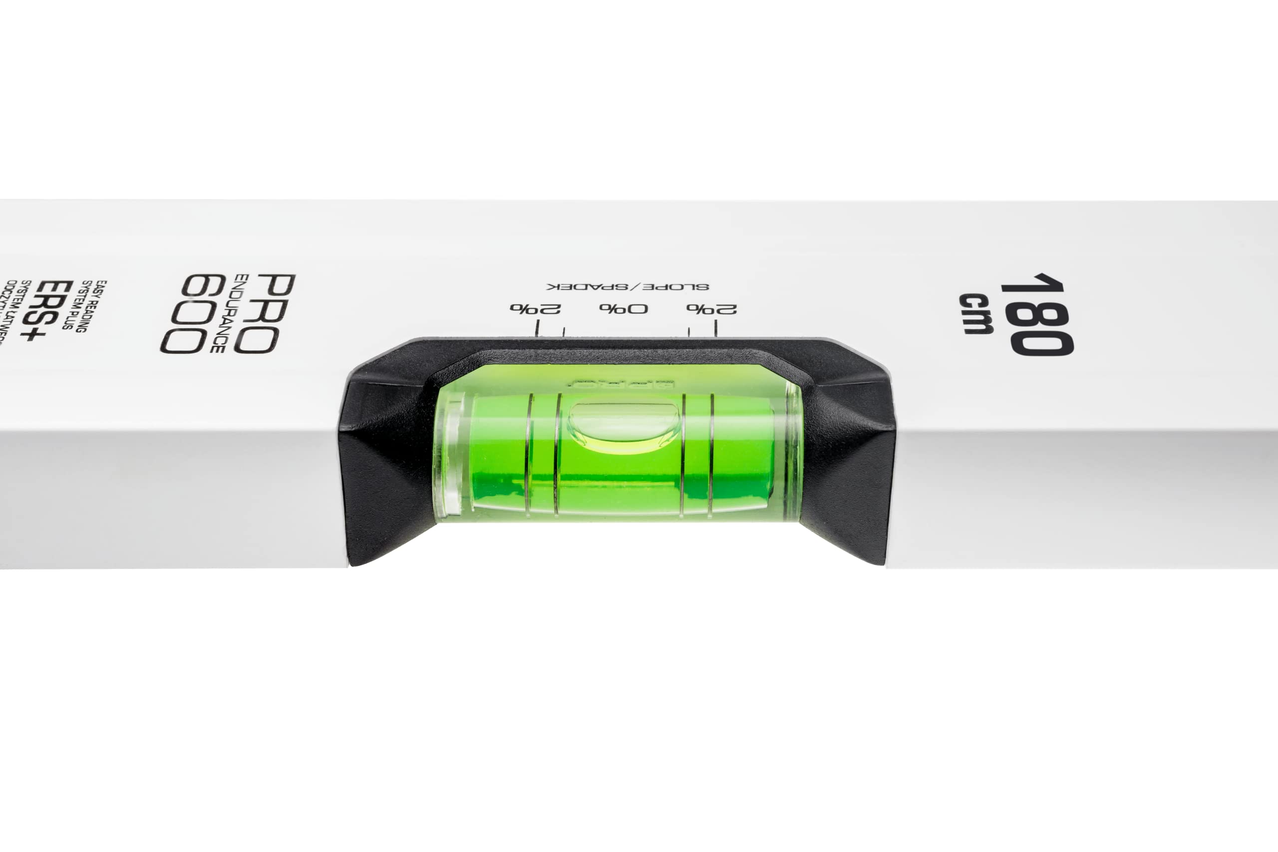 PRO600 Nivel de burbuja 180cm con 2% de inclinación -Perfil ergonómico y ERS+ (Easy Reading System) Nivel de precisión con tapones antichoque - Color Blanco