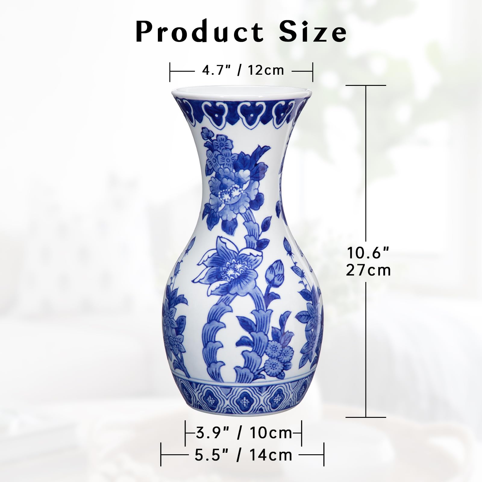 Jarrón Azul Y Blanco De Cerámica - 11 Pulgadas Alto, Diseño Chinoiserie Retro, Boca Ancha