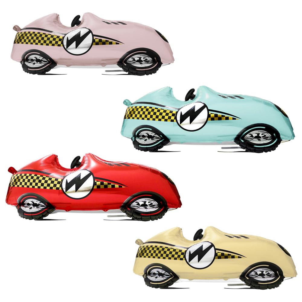 Deermon 4 Color Vintage Racing Car Roadster Balloons, Large Fast Speedy Retro Race Car Themed Vehicles Sports Car Balloon For 1st Baby Shower Birthday