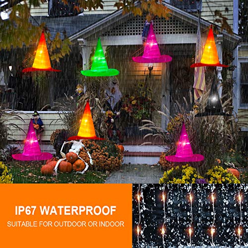 Halloween Decorations Outdoor - 8PCS IP67 Waterproof Hanging Witch Hat String Lights w Timer Battery Operated - Halloween Lights Outside Decor for Tree Porch Patio Garden Yard Party Home