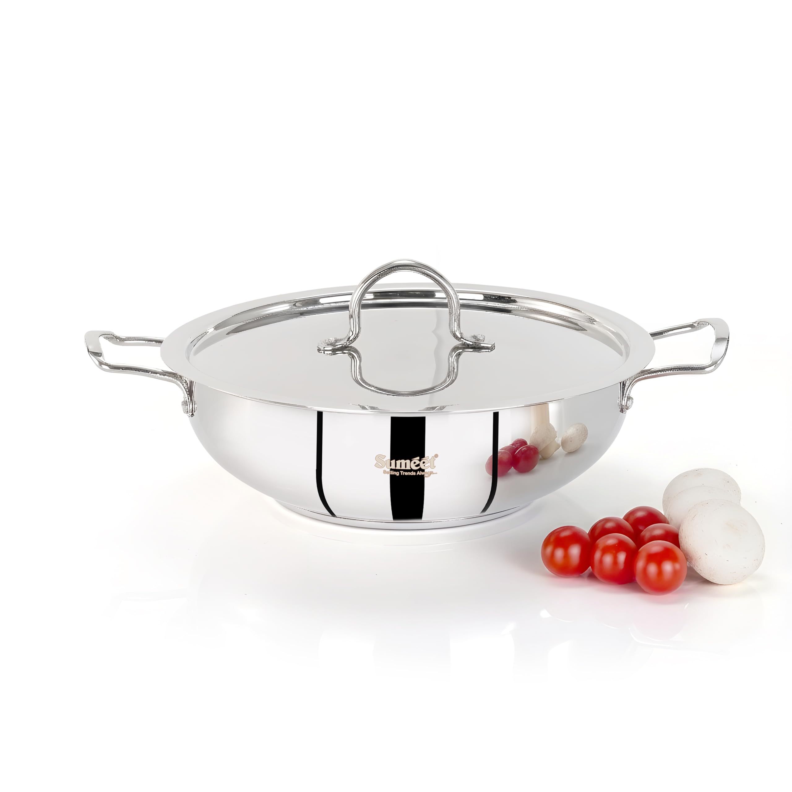 Sumeet ISI Certified Stainless Steel Kadai with Steel Lid & Encapsulated Heavy Bottom |Induction and Gas Compatible | 3Ltr Capacity - 26cm Dia, Silver