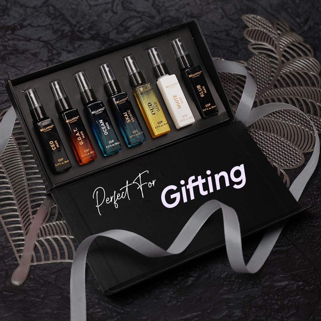 Bellavita Luxury Men's Perfume Discovery Gift Set with CEO Man, G.O.A.T., OCEAN, Skai, Gold Oud, White Oud, and Klub | 56ml | Perfume for Men | Woody, Citrus, Fresh, Oriental Scent Profile
