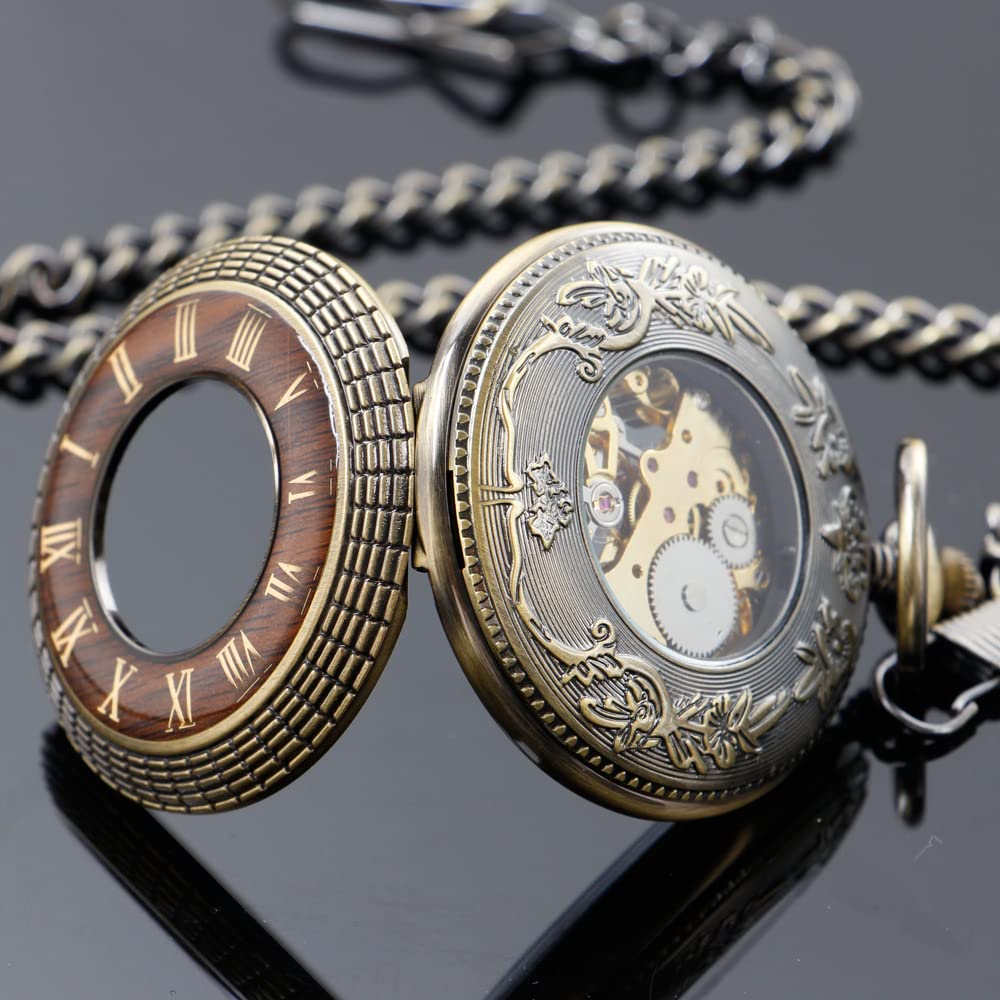 Tiong Montre de poche mécanique en bois de cuivre élégant avec cadran ouvert pour homme avec boîte à chaîne