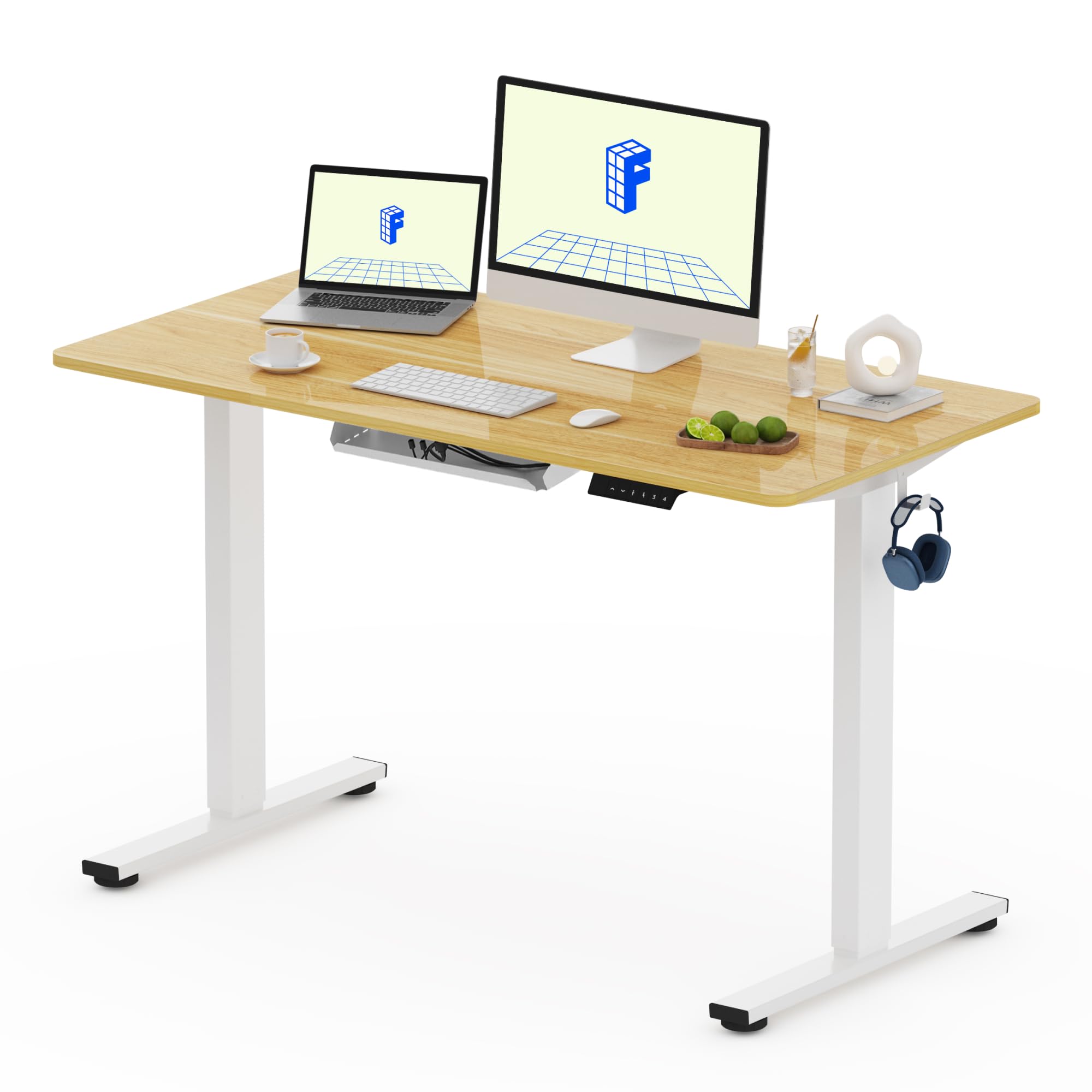 FLEXISPOT QE1 Escritorio Elevable con Tablero Entero 120x60cm Mesa de Elevable Eléctrico, Standing Desk, Escritorio Regulable en Altura con 2 Ganchos/Estante y 4 Funciones de Memoria (Arce)