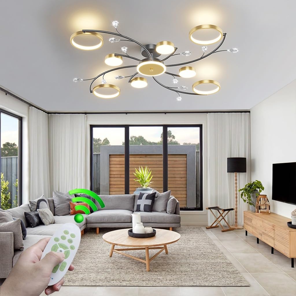 LYSDjia LED living room aluminum ceiling lamp modern with remote control dimmable crystal creative 110W ceiling Light acrylic lampshade Chandelier suitable for restaurant office bedroom lamp(8+1light)