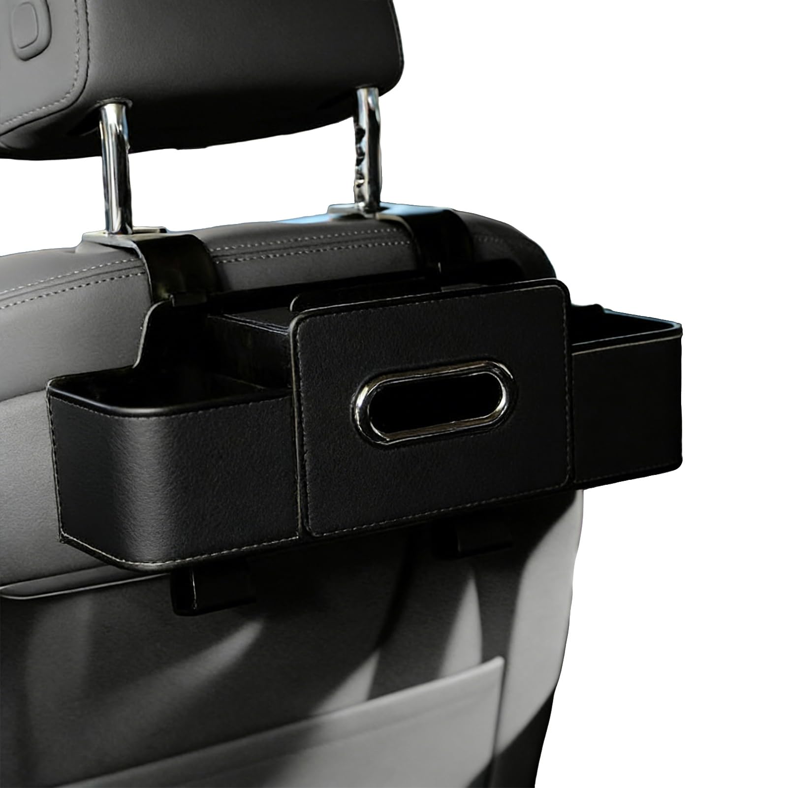 Glifora 3-in-1 Car Backseat Organiser - Multifunctional Back Seat Storage Box with 2 Cup Holders, Tissue Box and Hooks for Holding Phones, Snacks, Drinks and Handbags