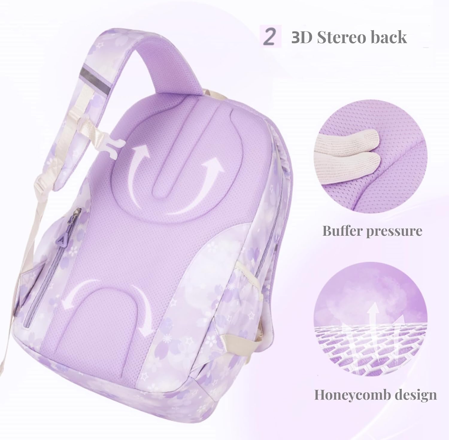 Girl backpack,Kids Backpack for Girl Kawaii Lightweight School Backpack Anti-theft Back Pocket Print Flowers Elementary Bookbag (Purple) - Image 3