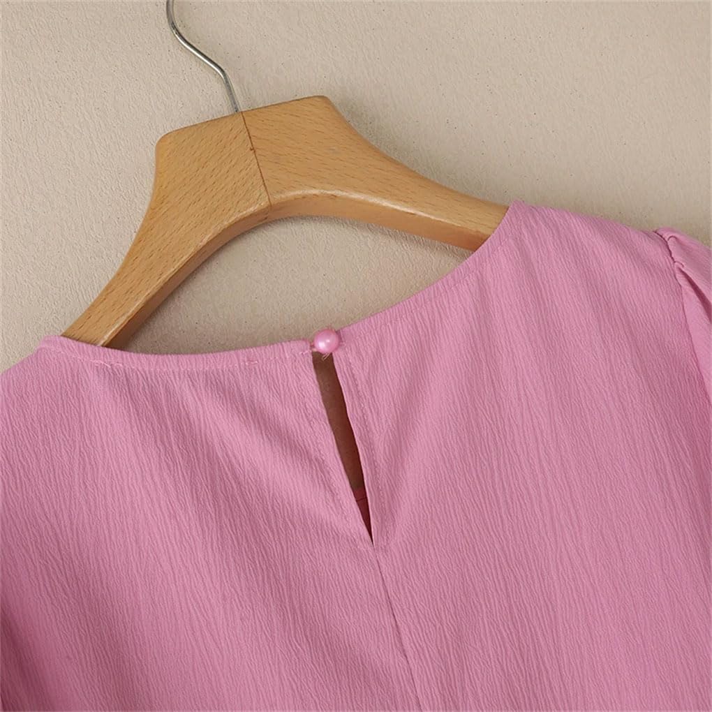 Damen-T-Shirt, einfarbig, Schleife, Puffärmel, Rundhalsausschnitt, Büro